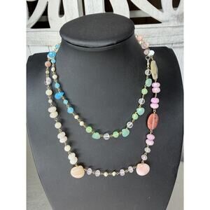 Multicolor Beaded Necklace Round Pendant Pastel Multi Strand Statement